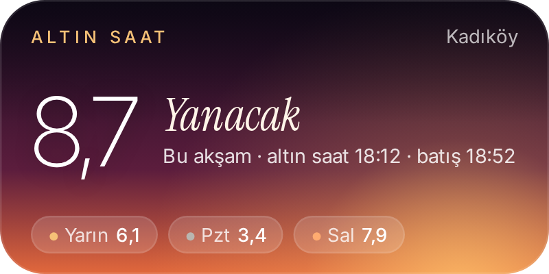 Ana ekran widget'ı: Kadıköy, 8,7, Yanacak; bu akşam altın saat 18:12, batış 18:52; sonraki günlerin puanları